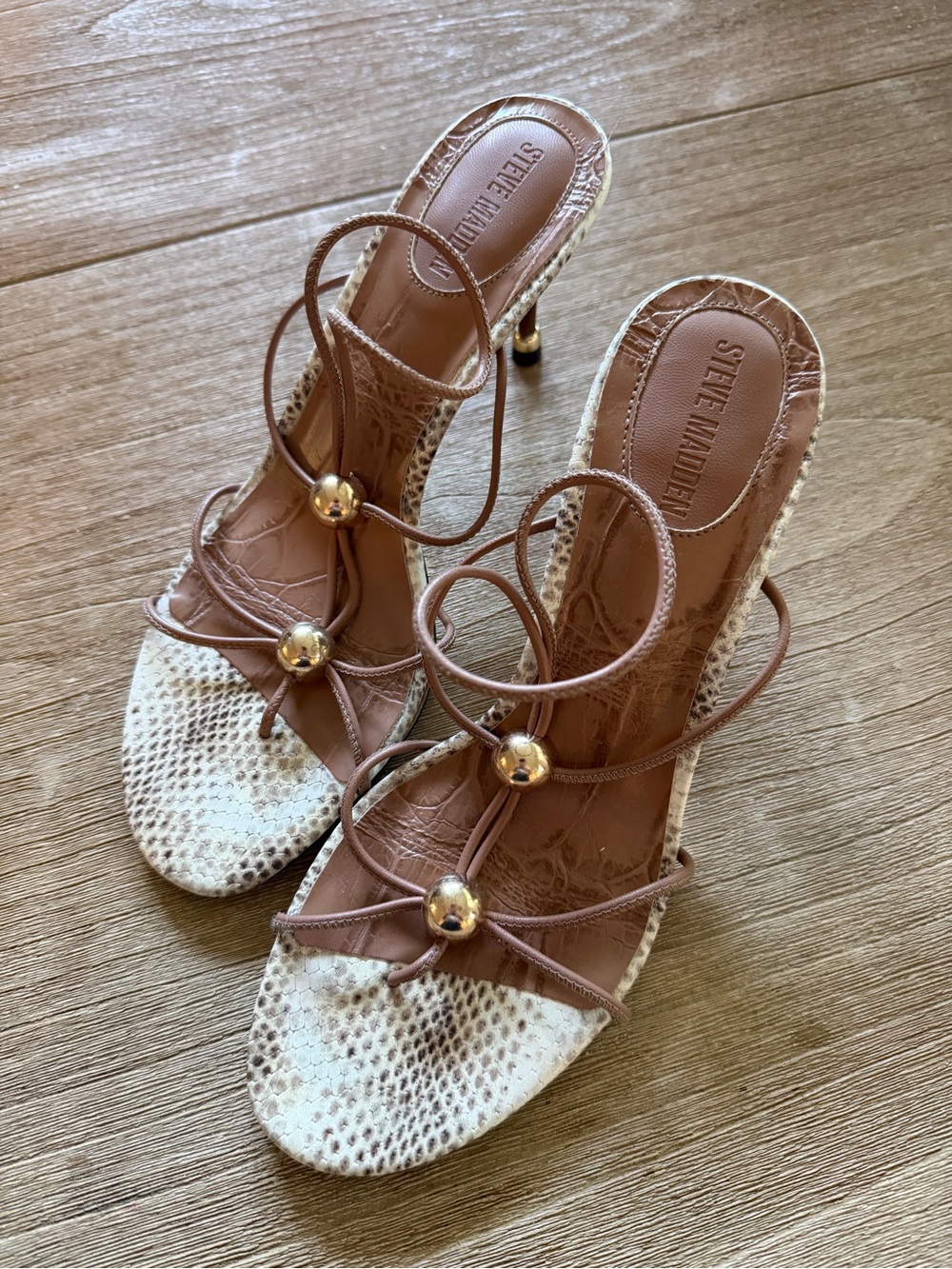 Steve Madden Tan Strappy Heeled Sandals with Cream Snakeskin Toe